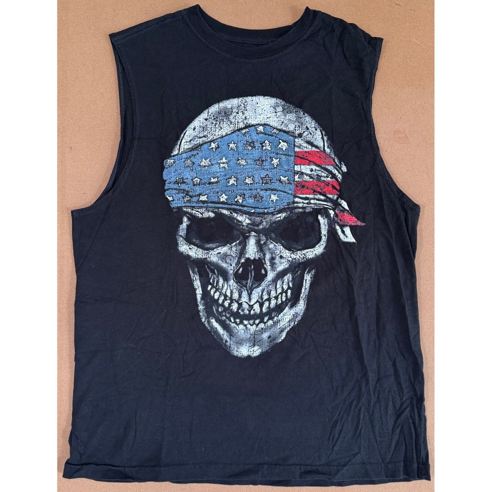 George Mens Skull American Flag Bandana Muscle Tank Top Black Size M 38-40